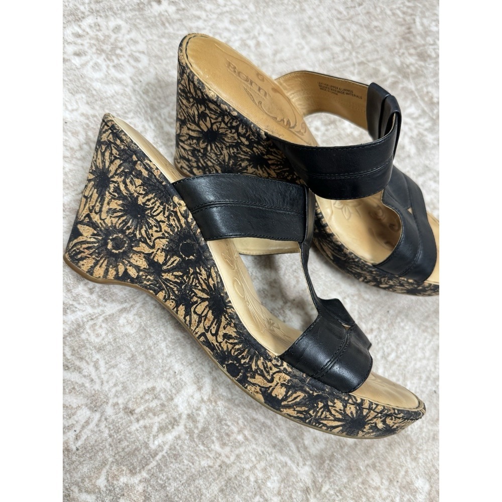 Born Y2K Strappy Black Leather Cork Wedge Heel Flowers Sandals 11 Boho Festival